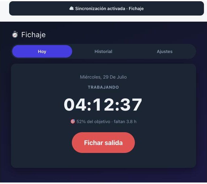 Pantalla de fichaje con el cronómetro en marcha