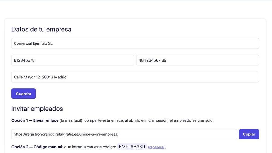 Datos de empresa y código de invitación