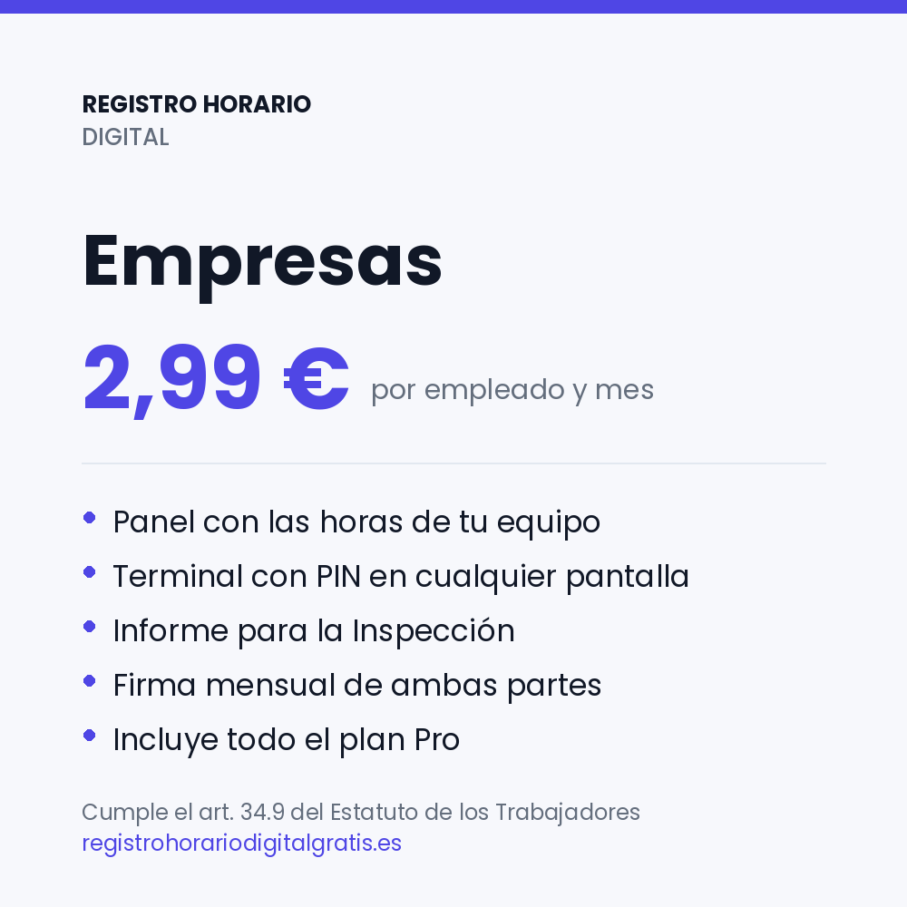 Plan Empresas: 2,99 € por empleado y mes. Panel del equipo, terminal con PIN en cualquier pantalla, informe para la Inspección, firma mensual de ambas partes e incluye todo el plan Pro.